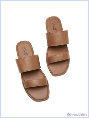 Faux Leather Slide Sandals Square Toe Two Strap Slip On Flat Comfort